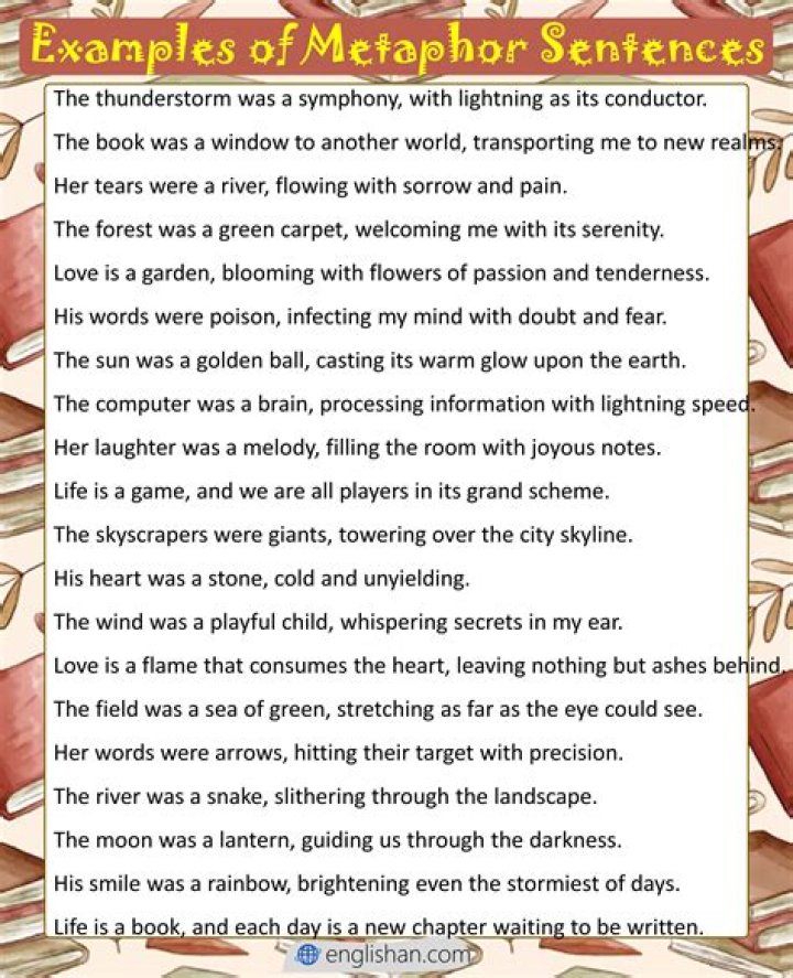What are 5 examples of metaphor in sentences?